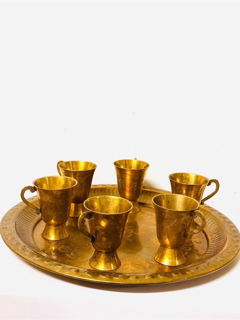Vintage Brass Tea Cup and Tray Set - Gold